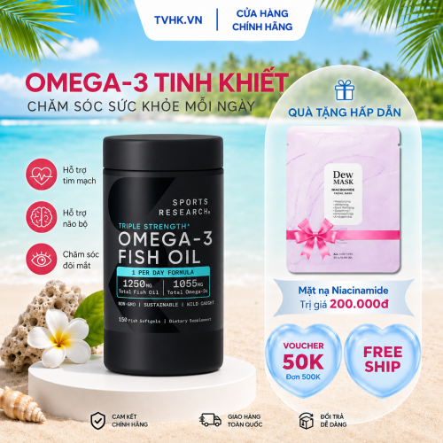 Viên Uống Sports Research Triple Strength Omega-3 Fish Oil 150 Viên – Bổ Sung Omega-3 Hàm Lượng Cao Hỗ Trợ Tim Mạch, Não Bộ Và Thị Lực