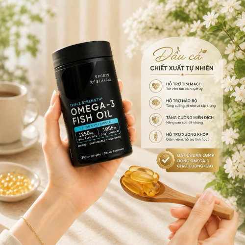 Viên Uống Sports Research Triple Strength Omega-3 Fish Oil 150 Viên – Bổ Sung Omega-3 Hàm Lượng Cao Hỗ Trợ Tim Mạch, Não Bộ Và Thị Lực
