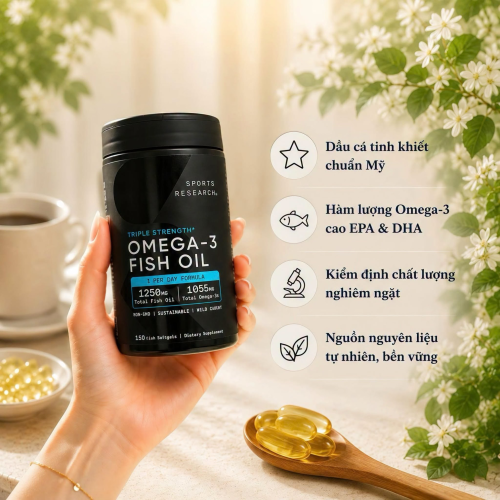 Viên Uống Sports Research Triple Strength Omega-3 Fish Oil 150 Viên – Bổ Sung Omega-3 Hàm Lượng Cao Hỗ Trợ Tim Mạch, Não Bộ Và Thị Lực