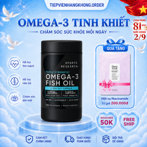 Viên Uống Sports Research Triple Strength Omega-3 Fish Oil 150 Viên – Bổ Sung Omega-3 Hàm Lượng Cao Hỗ Trợ Tim Mạch, Não Bộ Và Thị Lực