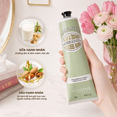 Kem dưỡng da tay L'Occitane Almond Delicious Hands 150ml – Dưỡng ẩm sâu, mềm mịn với tinh chất hạnh nhân Pháp