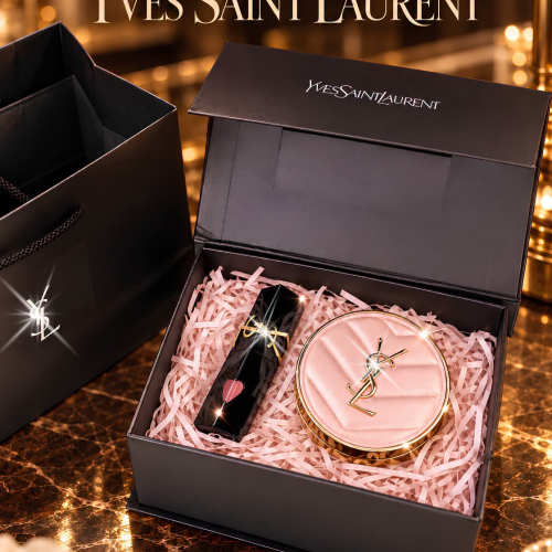 Set Quà YSL Cushion Hồng & Son Vinyl – Nhỏ Gọn, Sang Xịn, Đầy Tinh Tế
